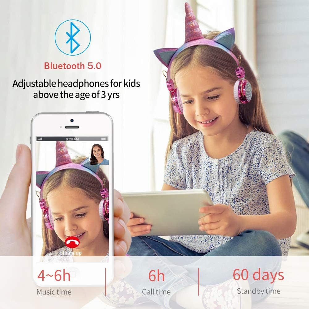 Kids Headphones, Wireless Headphones for Kids Unicorn Headphones for Girls Bluetooth Headphones W/Mic with Adjustable Headband, over on Ear Headset for Smartphones/School/Kindle/Tablet/Pc Online Study